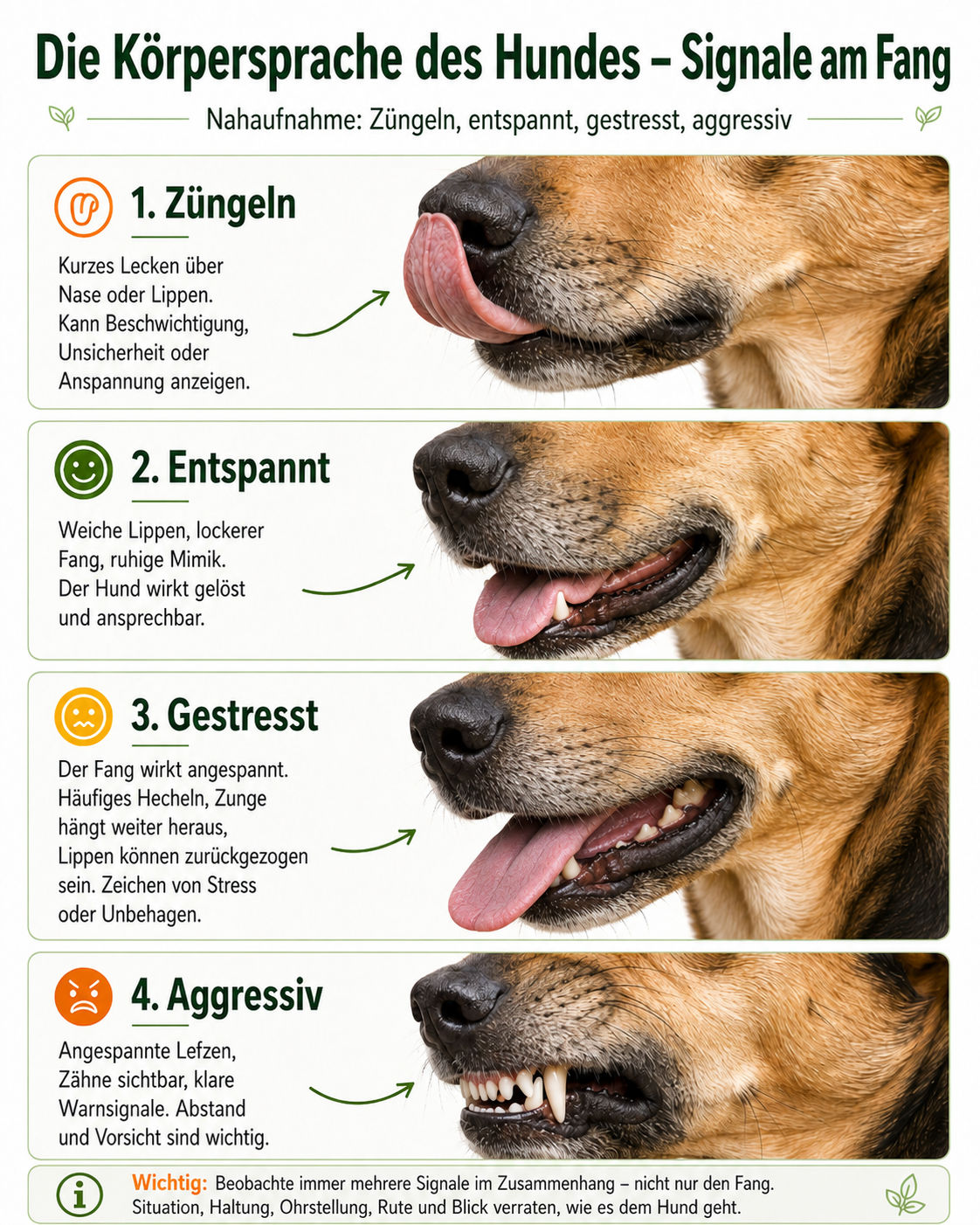 Infografik zur K&ouml;rpersprache am Fang des Hundes: Z&uuml;ngeln, entspannter Fang, gestresstes Hecheln und aggressive Warnsignale