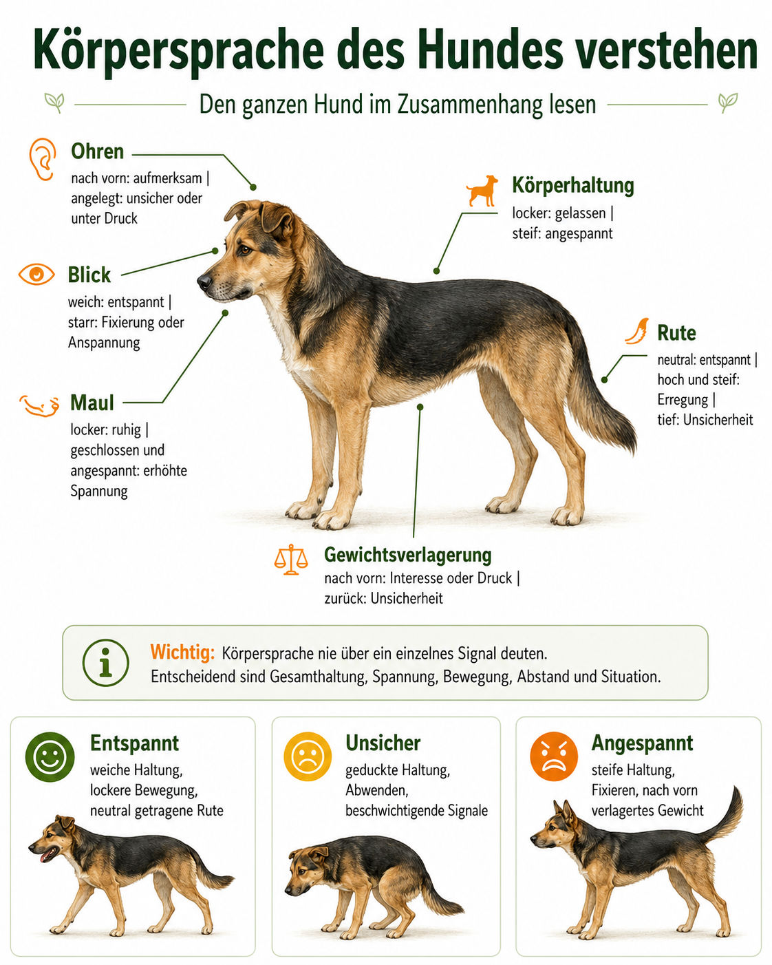 Infografik zur K&ouml;rpersprache des Hundes mit Ohren, Blick, Maul, K&ouml;rperhaltung, Rute und Gewichtsverlagerung