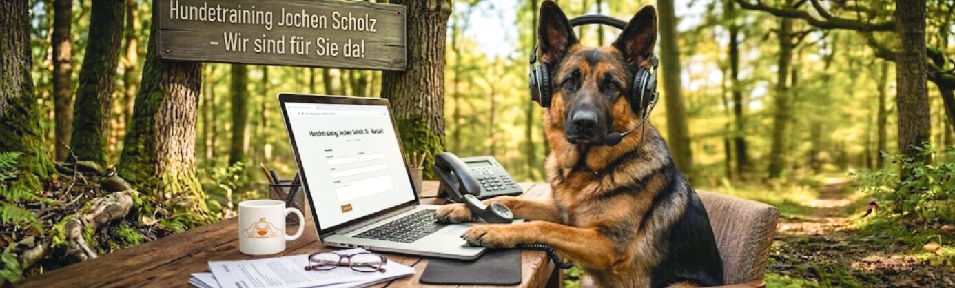 Hund mit Headset am Schreibtisch