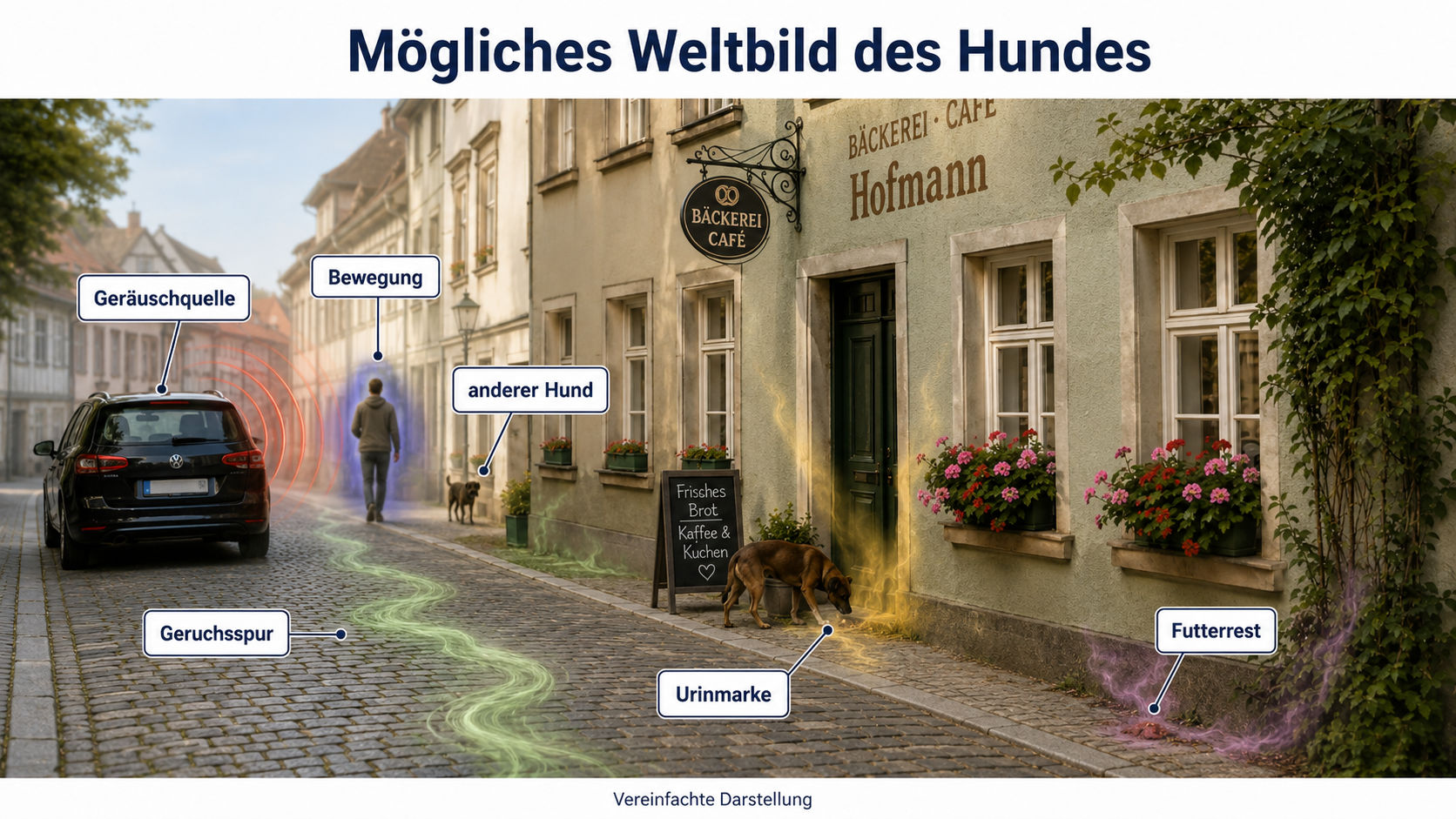 Stra&szlig;enszene mit markierten Reizen aus m&ouml;glicher Hundesicht
